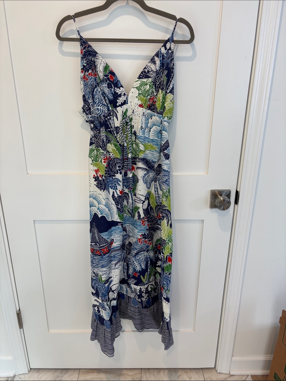 FARM Rio Navy Blue White Green Tropical Print Maxi Dress